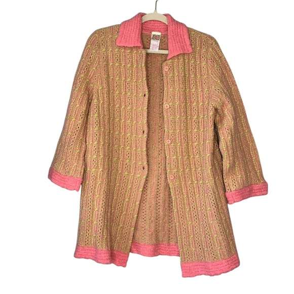 Vintage Oilily wool blend neon‎ pink/yellow cableknit cardigan sweater. Size S - Picture 2 of 12